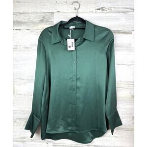 Ecru Womens L Hunter Green Silky Soft Button-Up Cuff Kombu Blouse NEW